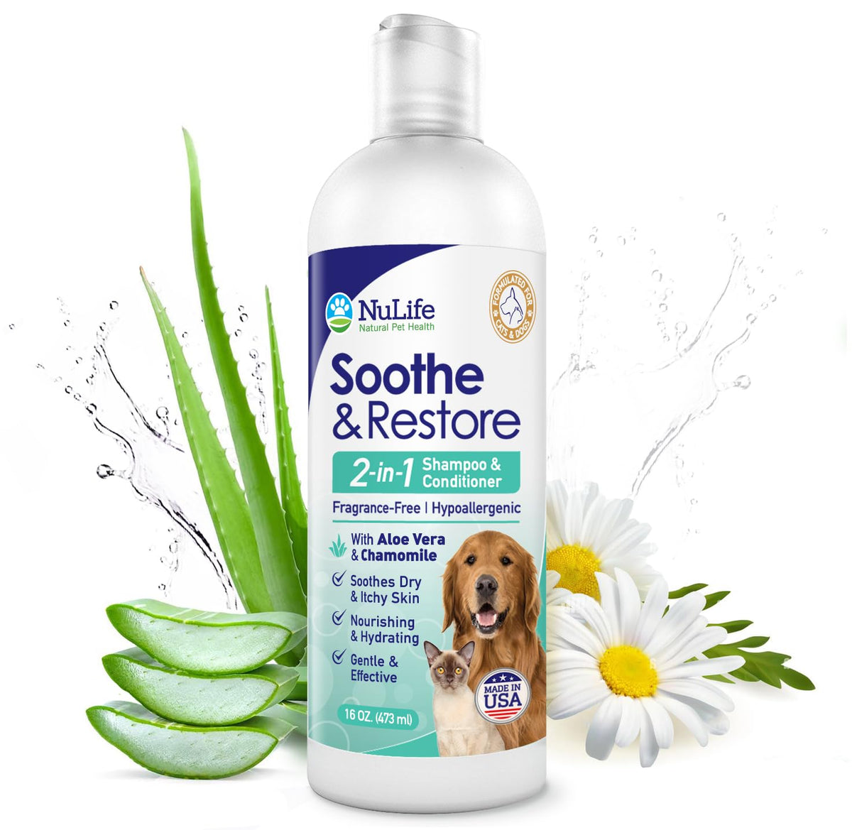 NuLife Natural Pet Health 2-in-1 dog shampoo bottle for easy bath-time grooming