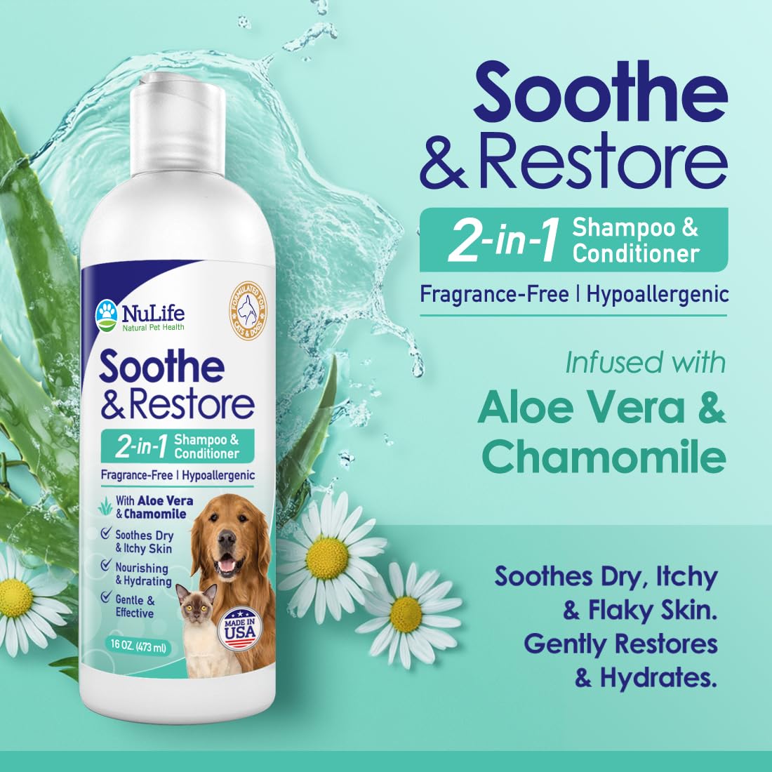 NuLife Natural Pet Health aloe vera chamomile lather demonstrates soothing care for itchy, sensitive skin