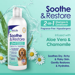 NuLife Natural Pet Health aloe vera chamomile lather demonstrates soothing care for itchy, sensitive skin