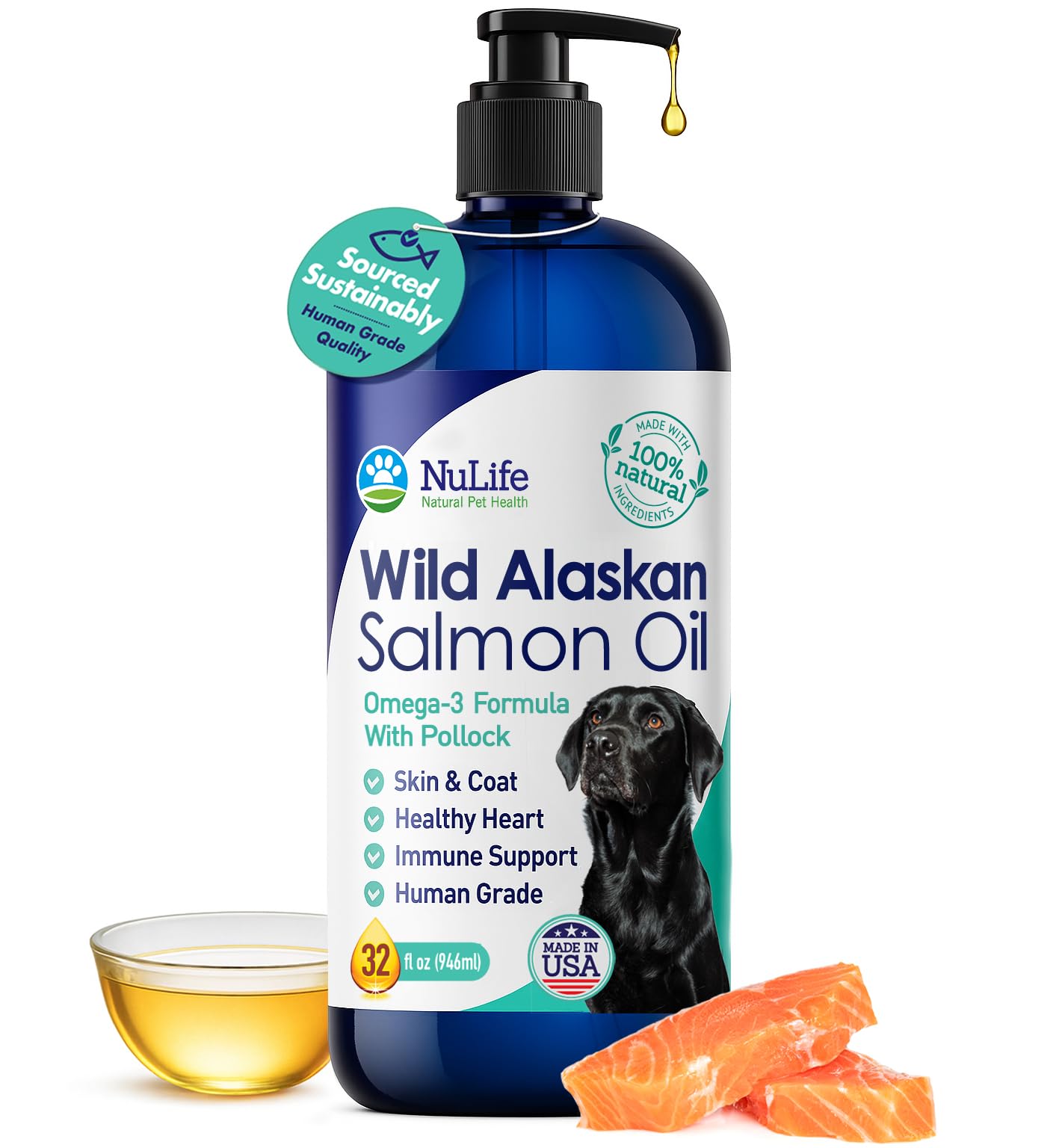 NuLife Pure Wild Alaskan Salmon Oil bottle with pump for easy daily dosing.