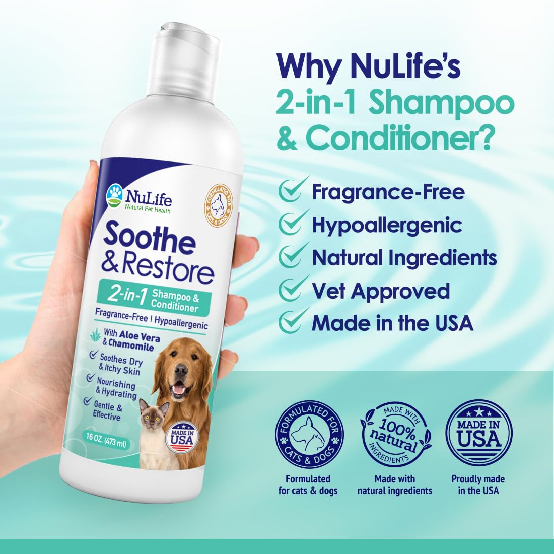NuLife Natural Pet Health USA-made label signals trusted, natural grooming ingredients