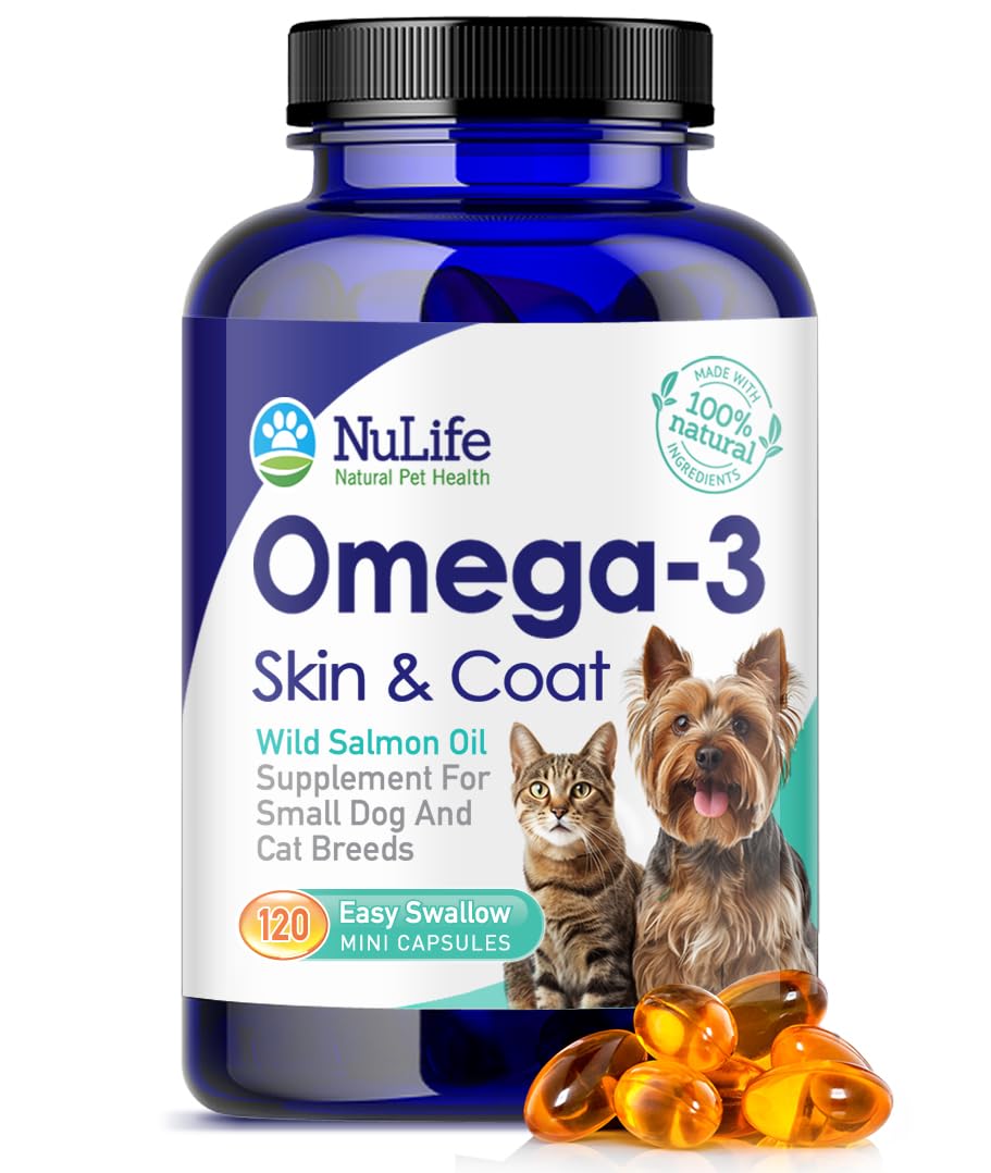 NuLife Omega-3 capsules closeup, easy-to-swallow softgels for healthy skin and coat.
