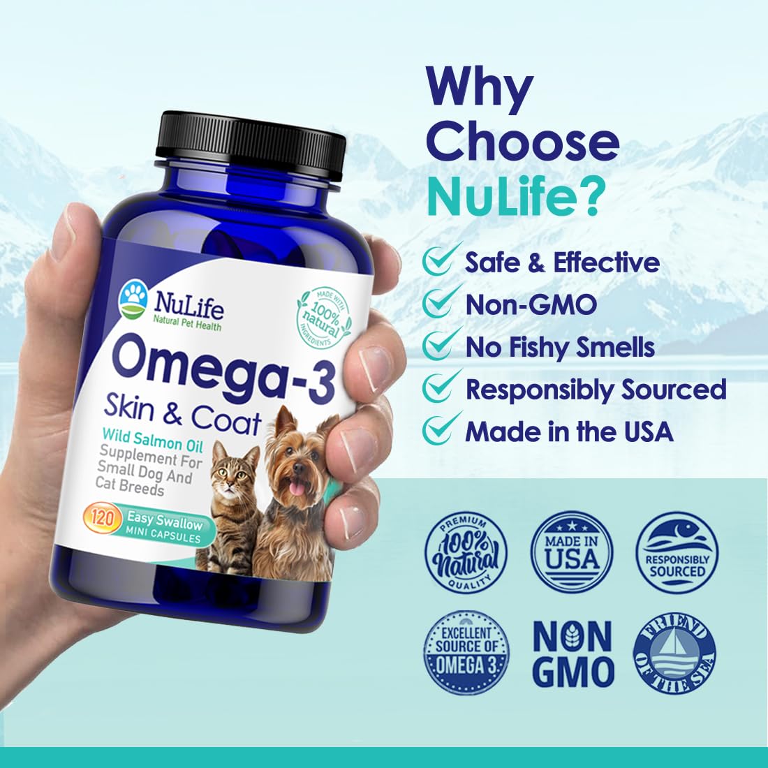 NuLife Omega-3 for small dogs, gentle joint support.