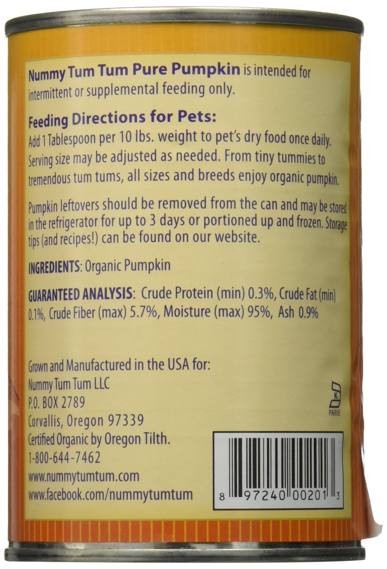 Nummy Tum Tum pumpkin can, 15 oz, ideal for mixing with meals.