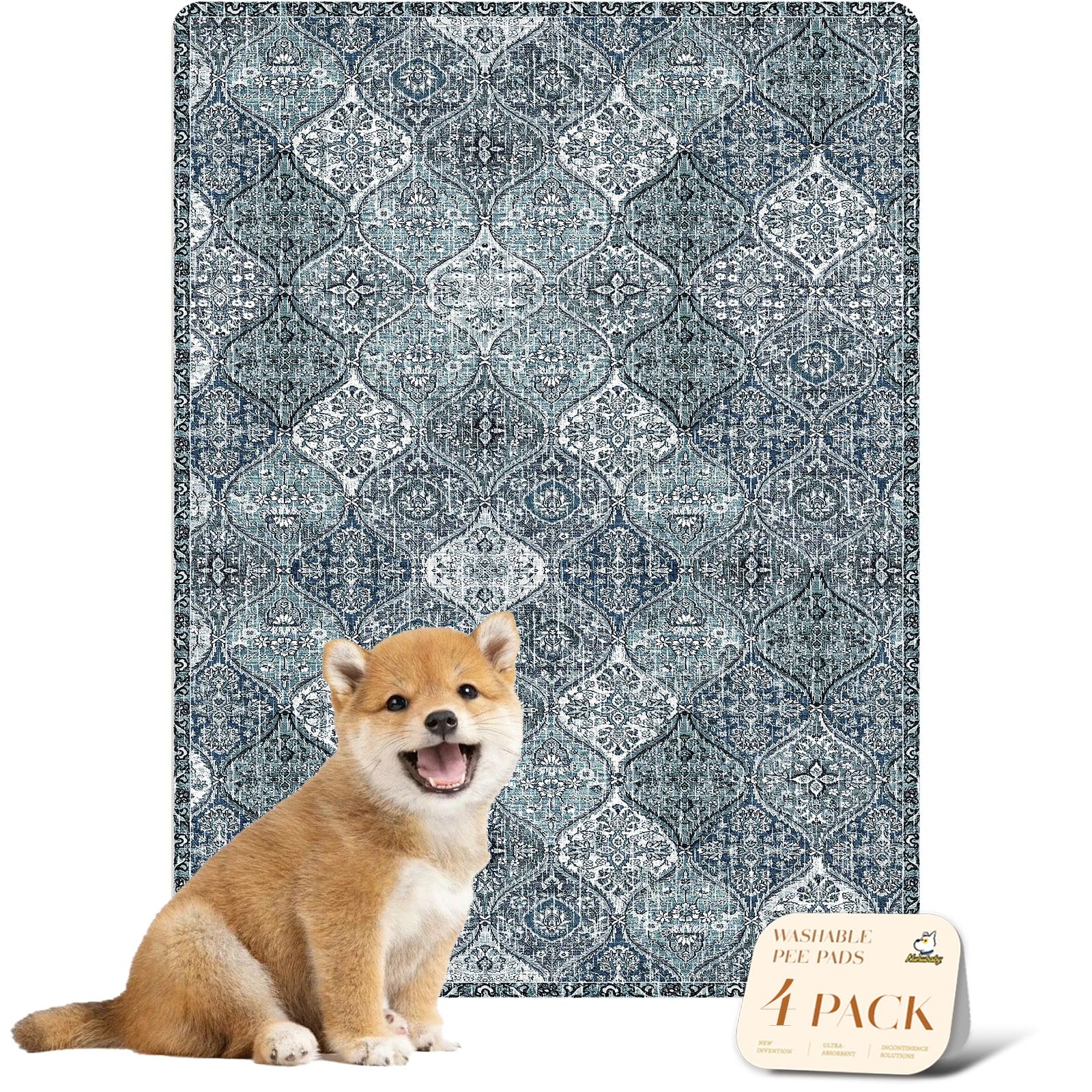nunubaby 4pack washable pee pad blue top view provides stylish floor protection.