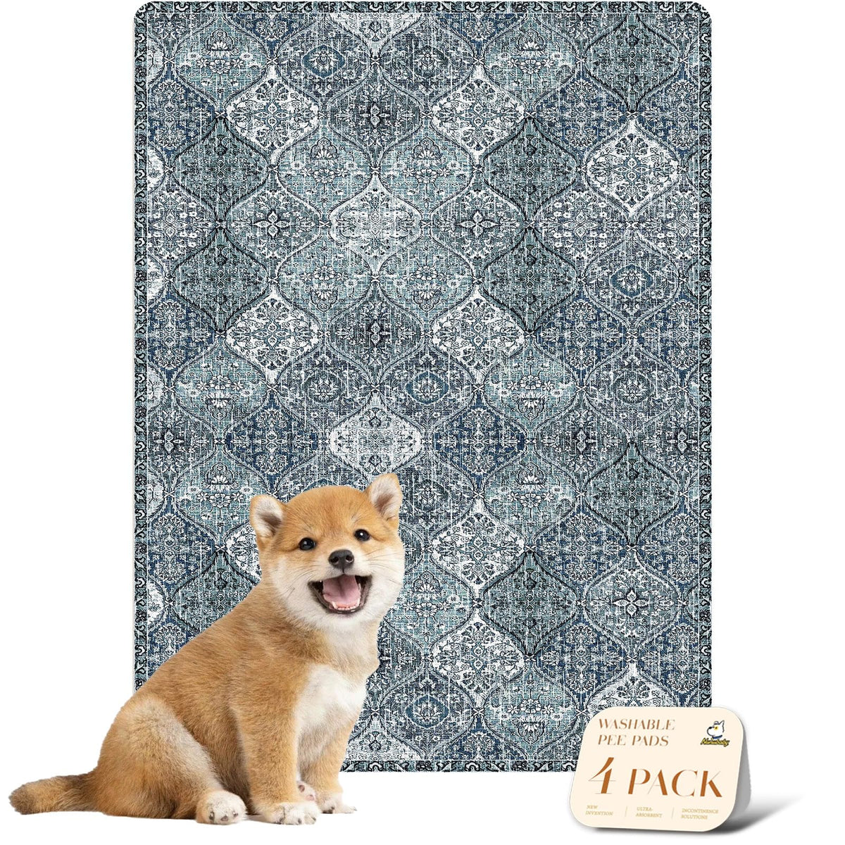 nunubaby 4pack washable pee pad blue top view provides stylish floor protection.
