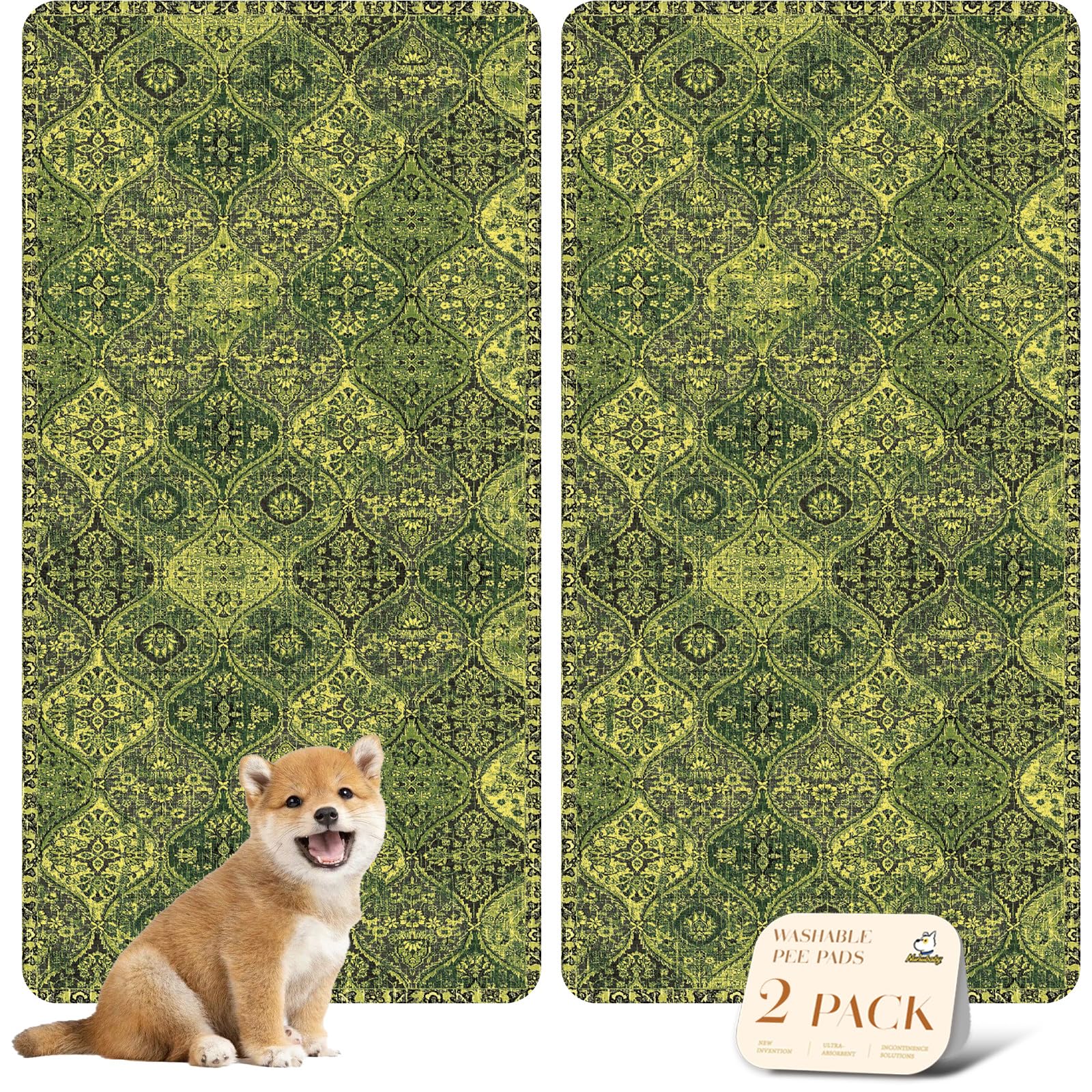 nunubaby washable pee pad 24x48 green-multi front view provides stylish floor protection.