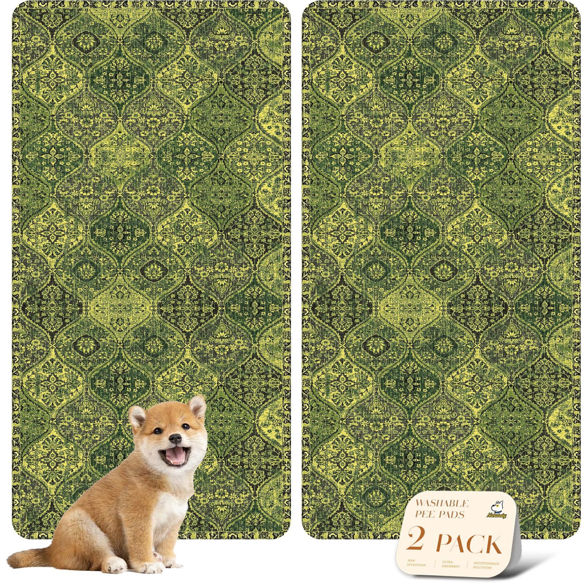 nunubaby washable pee pad 24x48 green-multi front view provides stylish floor protection.