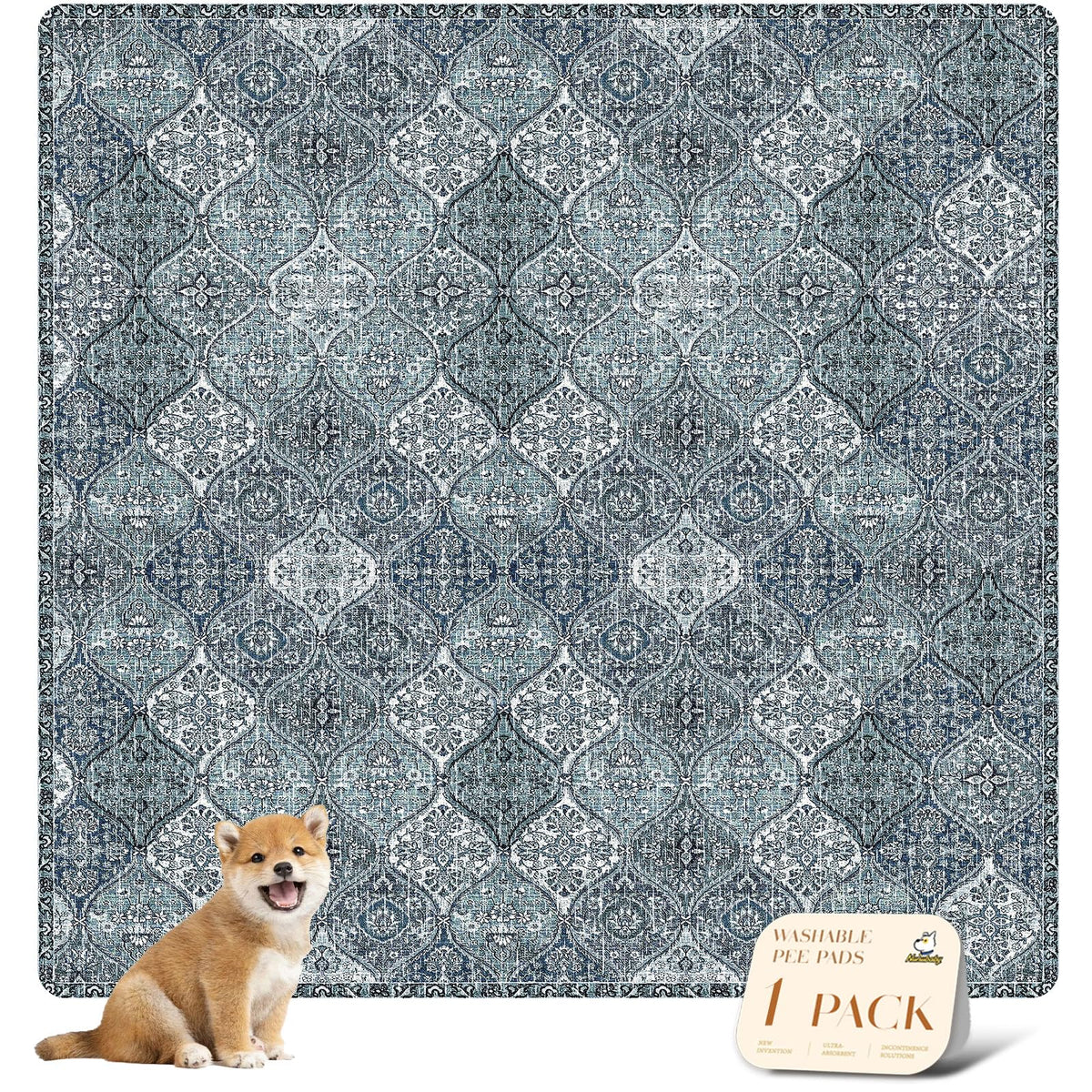 nunubaby washable pee pad blue-multi style protects floors with stylish design.
