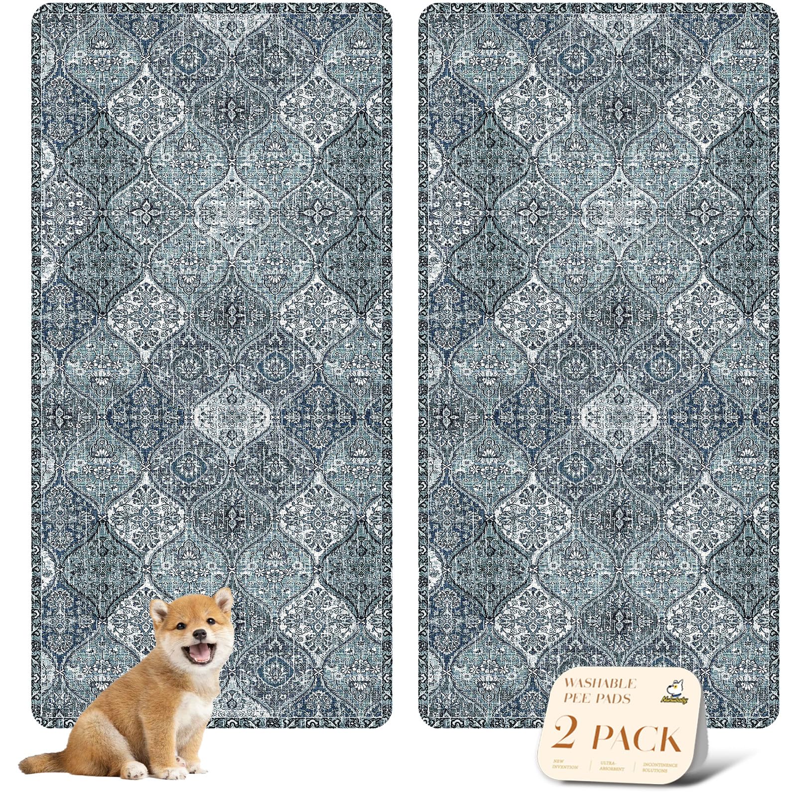 Nunubaby washable pee pad blue pattern display for stylish home protection and training.
