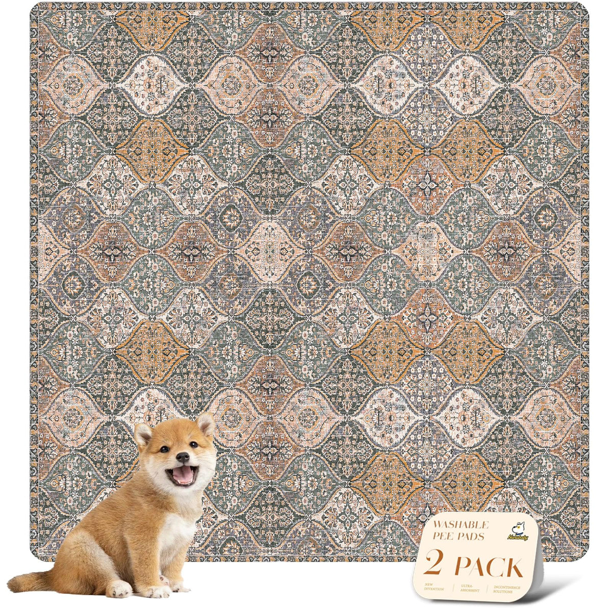 nunubaby washable pee pad top view shows stylish brown-multi pattern for home protection