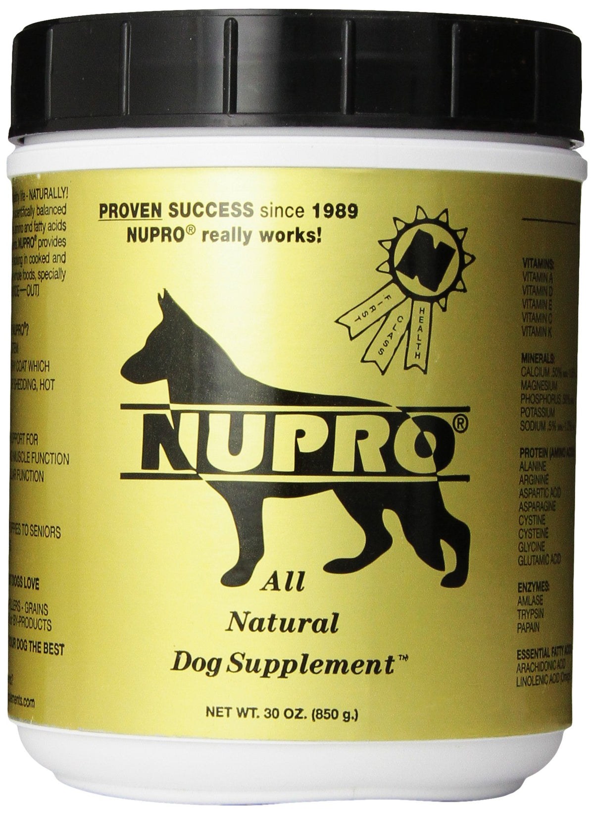 Nupro all natural dog supplement bottle shows corn and wheat free formula for dogs.