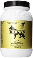 Nupro all natural dog supplement bottle suggests hair growth and flea-repellent potential.