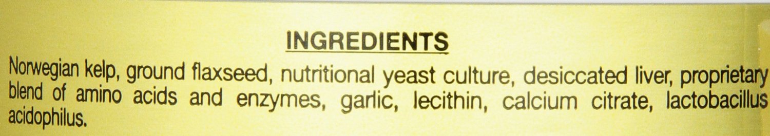 Nupro flaxseed kelp and yeast ingredients close-up for healthy coat support.