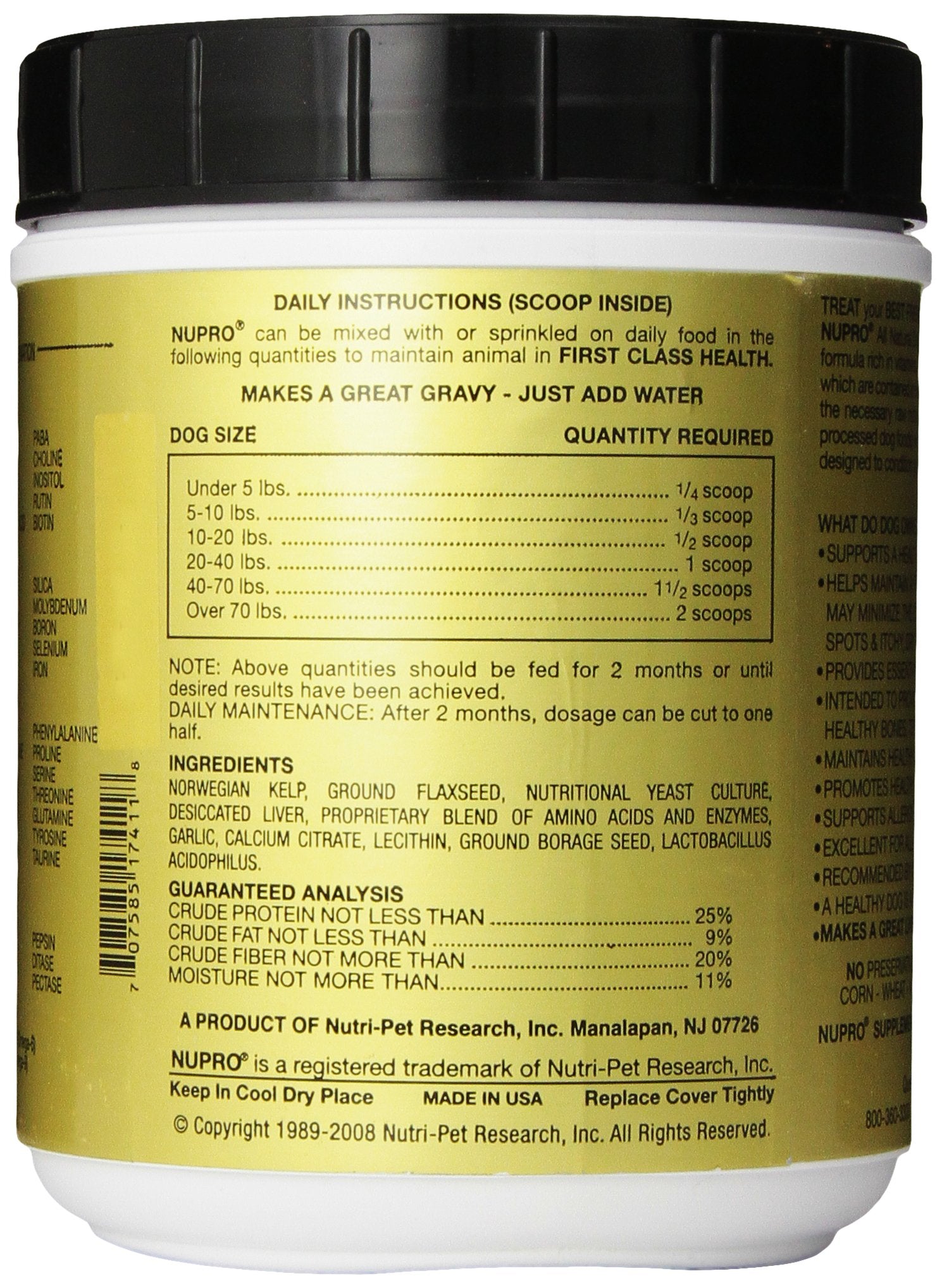 Nupro dog supplement jar label highlights natural ingredients.