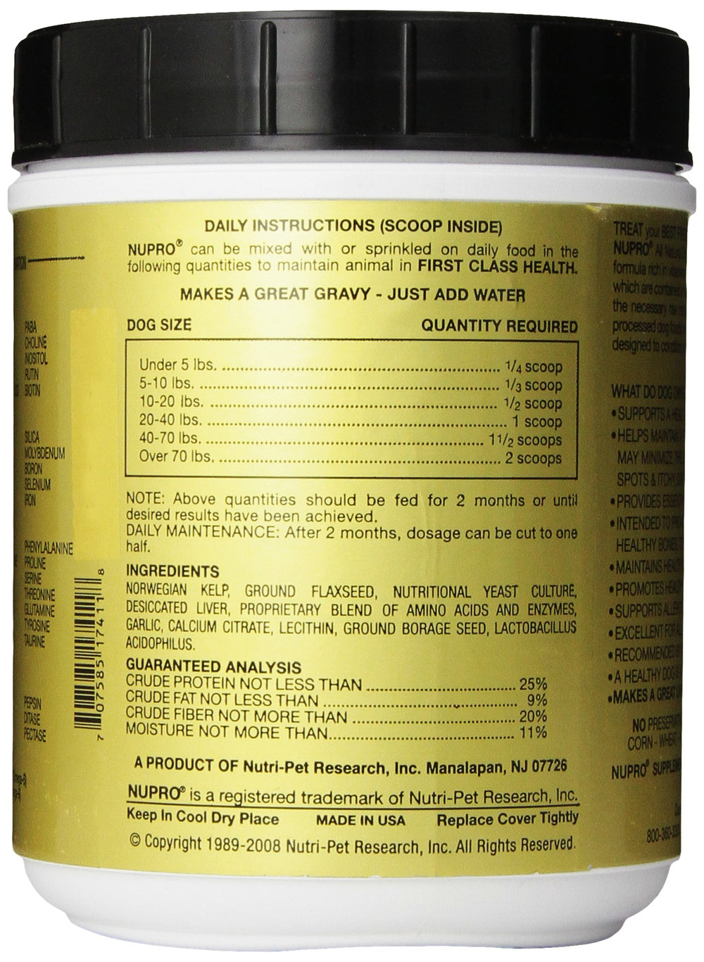Nupro dog supplement jar label highlights natural ingredients.