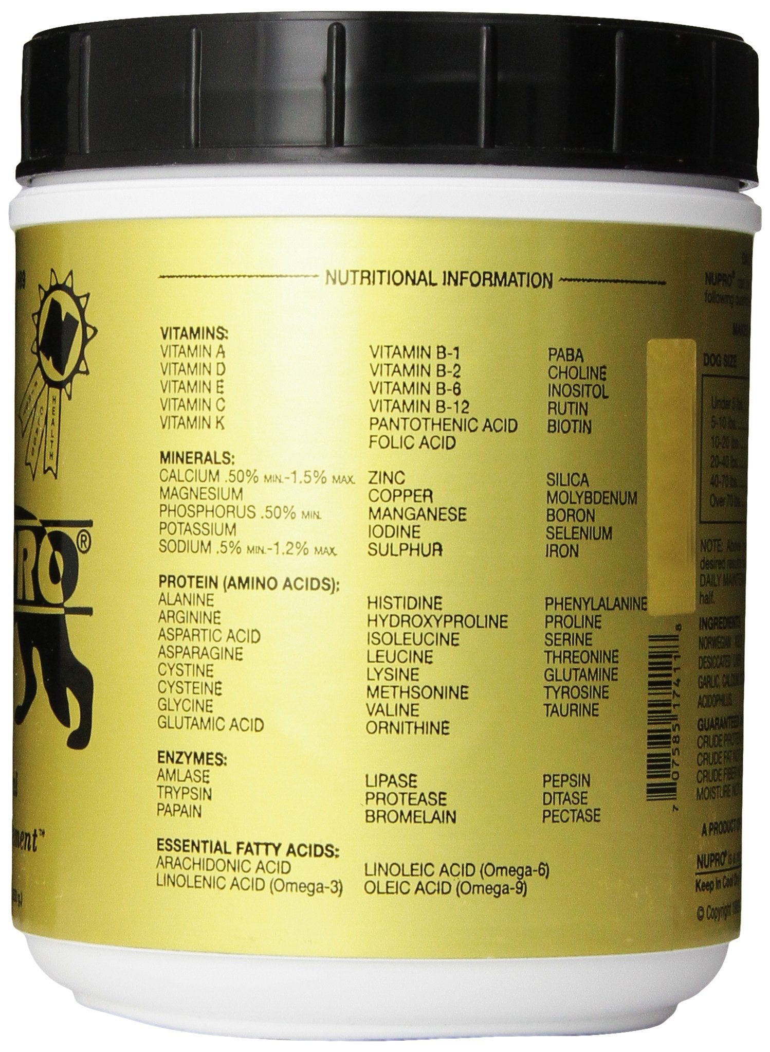 Nupro dog supplement scoop demonstrates weight-based dosage for pets.
