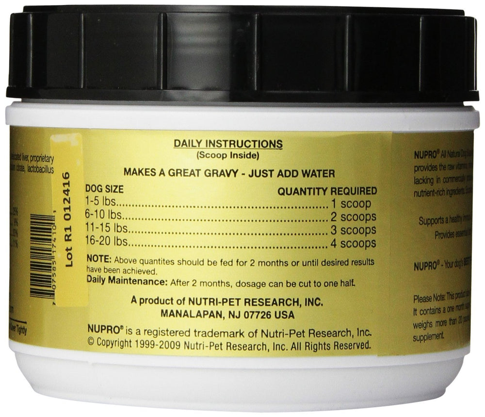 Nupro vitamins minerals enzymes panel showcasing complete canine nutrition.