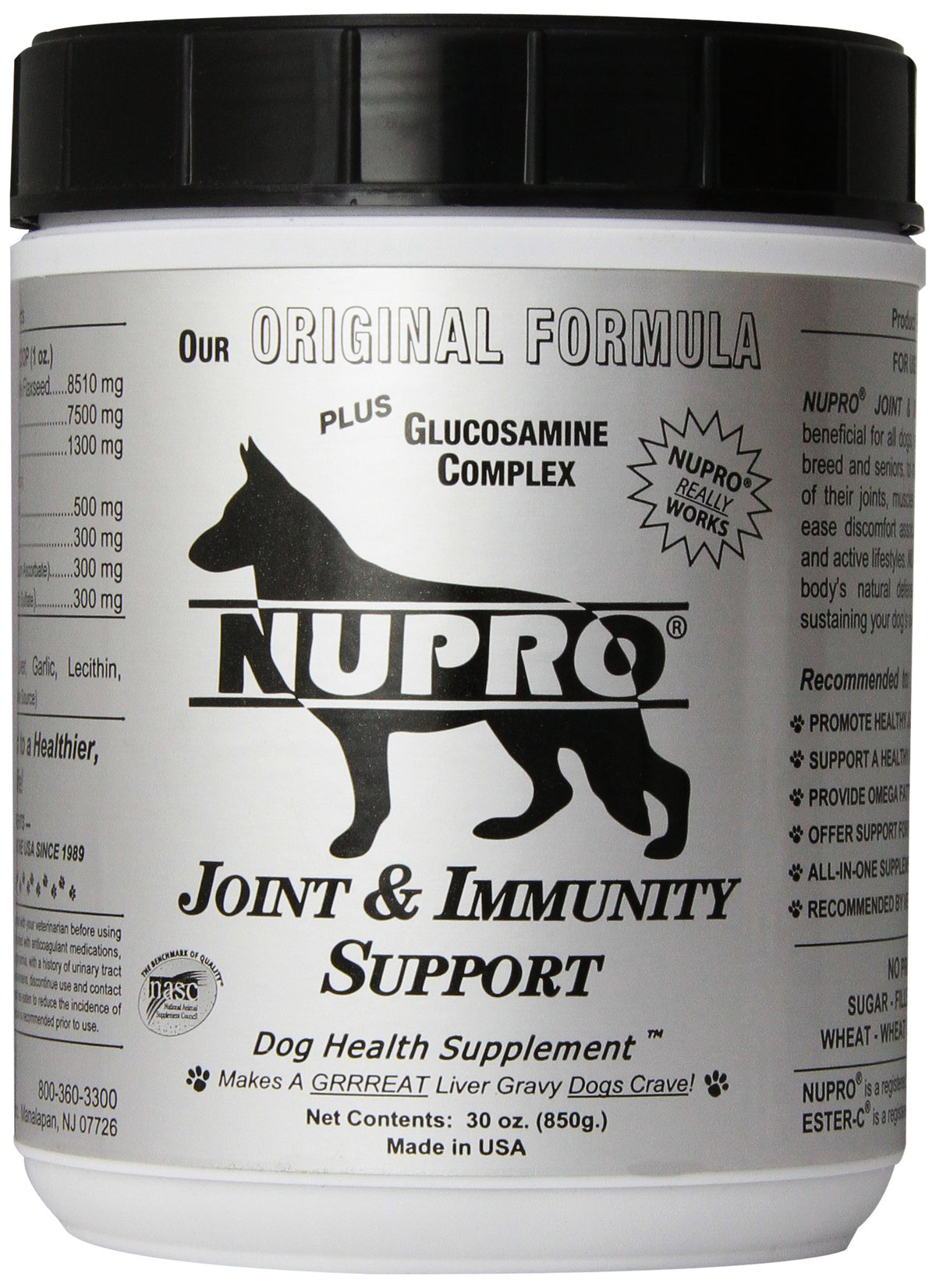 Nupro Joint Support 30oz bottle label highlights all-natural joint comfort formula
