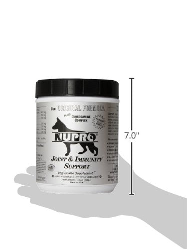 Nupro Joint Support 30oz dog sniffing bowl with supplement visible for daily use