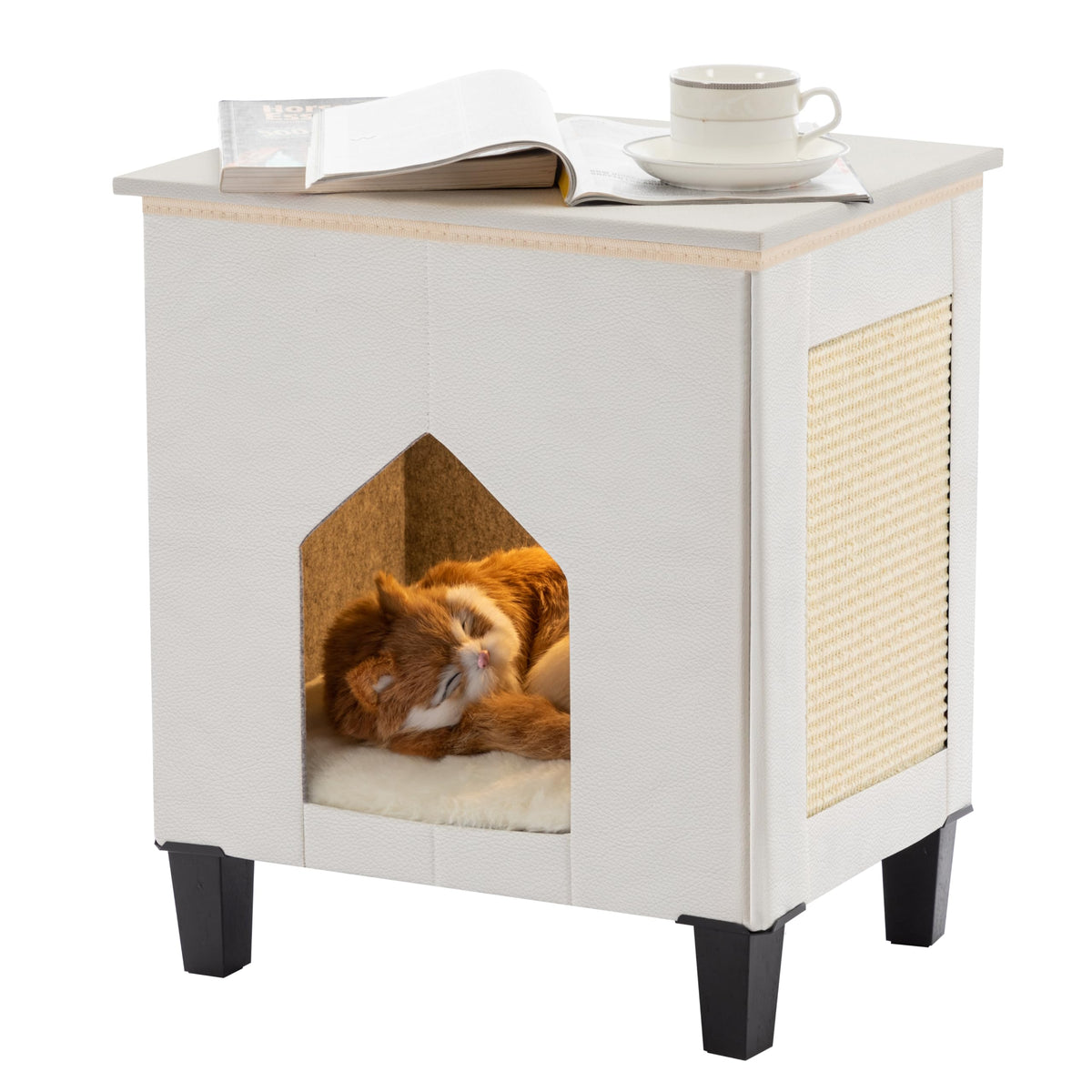 NUROMY cat house front view shows compact side-table design and cozy cat retreat.