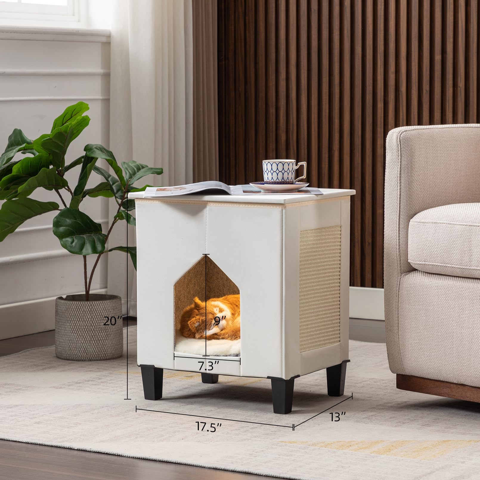 NUROMY cat house scratch pad area highlights interactive entertainment for felines at home.
