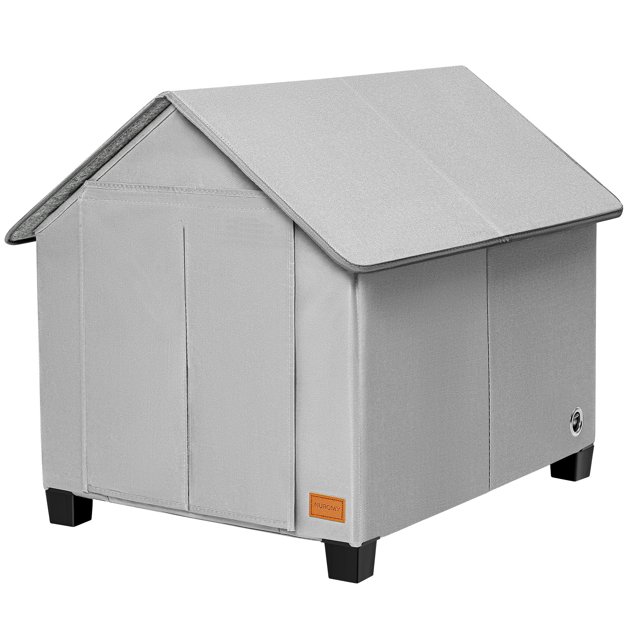NUROMY insulated dog house outdoors with warm mat keeps pets dry and cozy in rain.