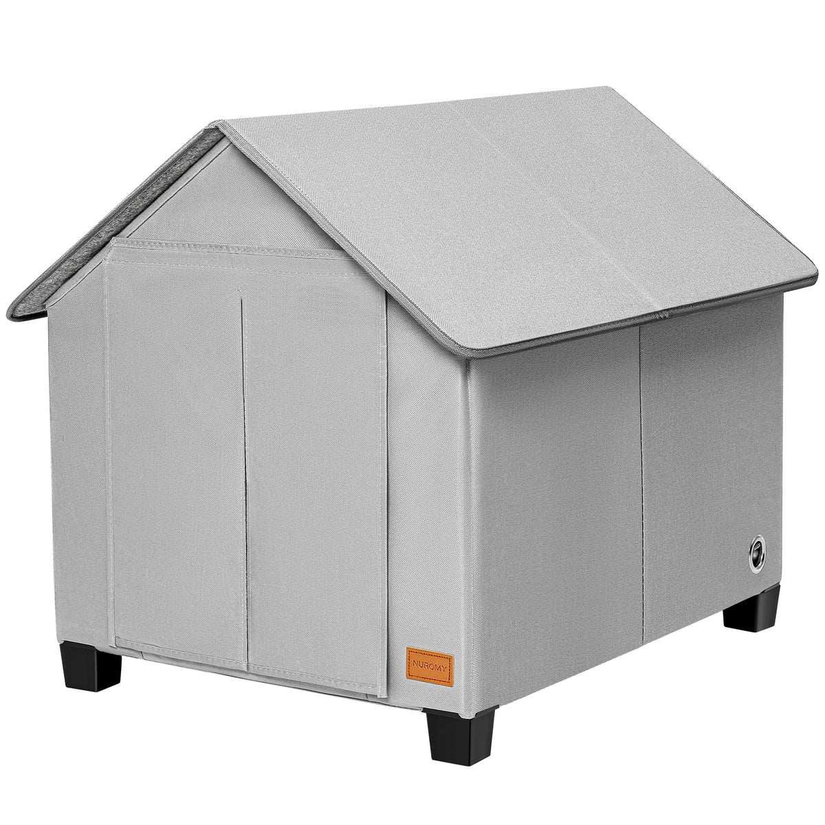 NUROMY insulated dog house outdoors with warm mat keeps pets dry and cozy in rain.