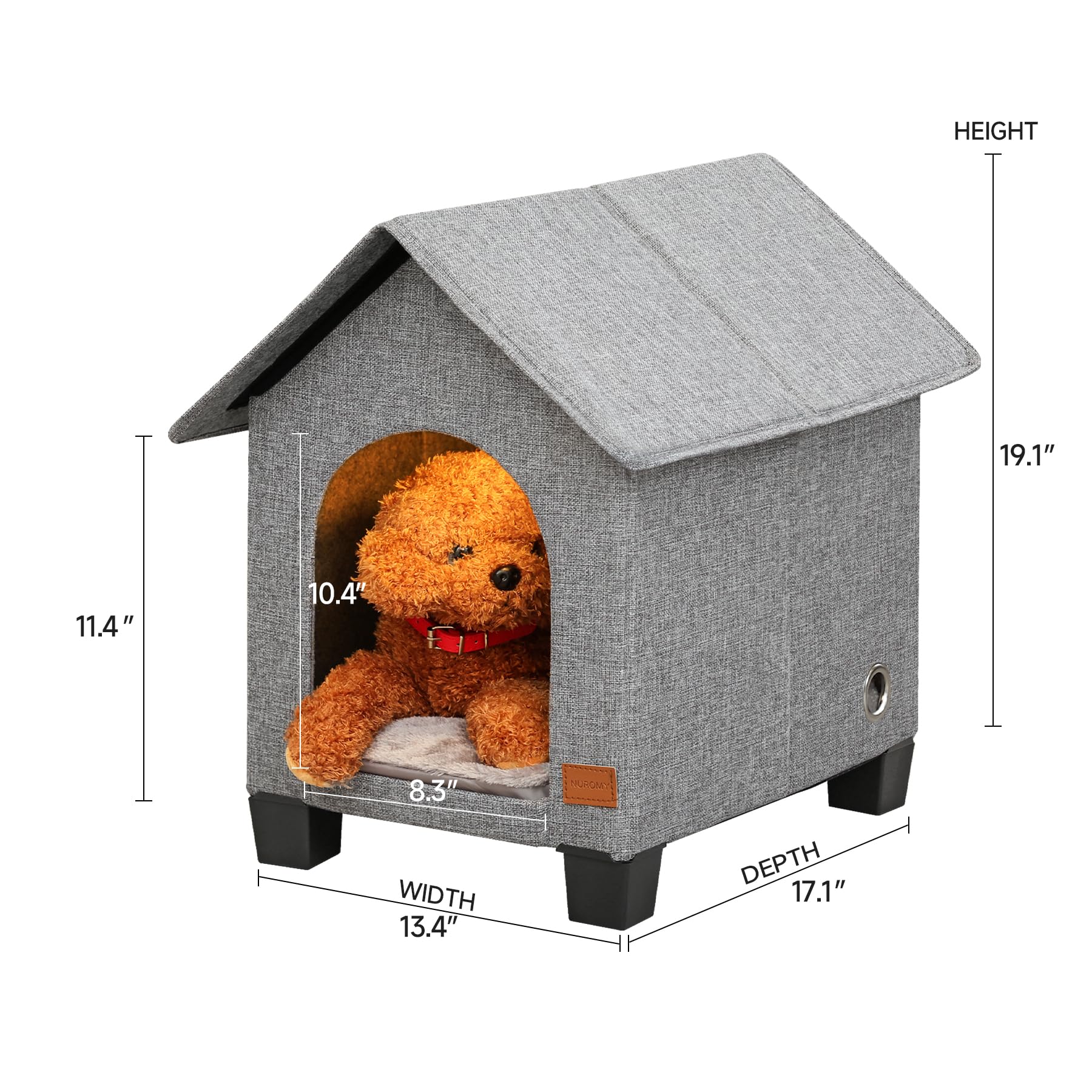 NUROMY small-dog house fits compact pets like chihuahuas at 15.7 x 11.4 inches.