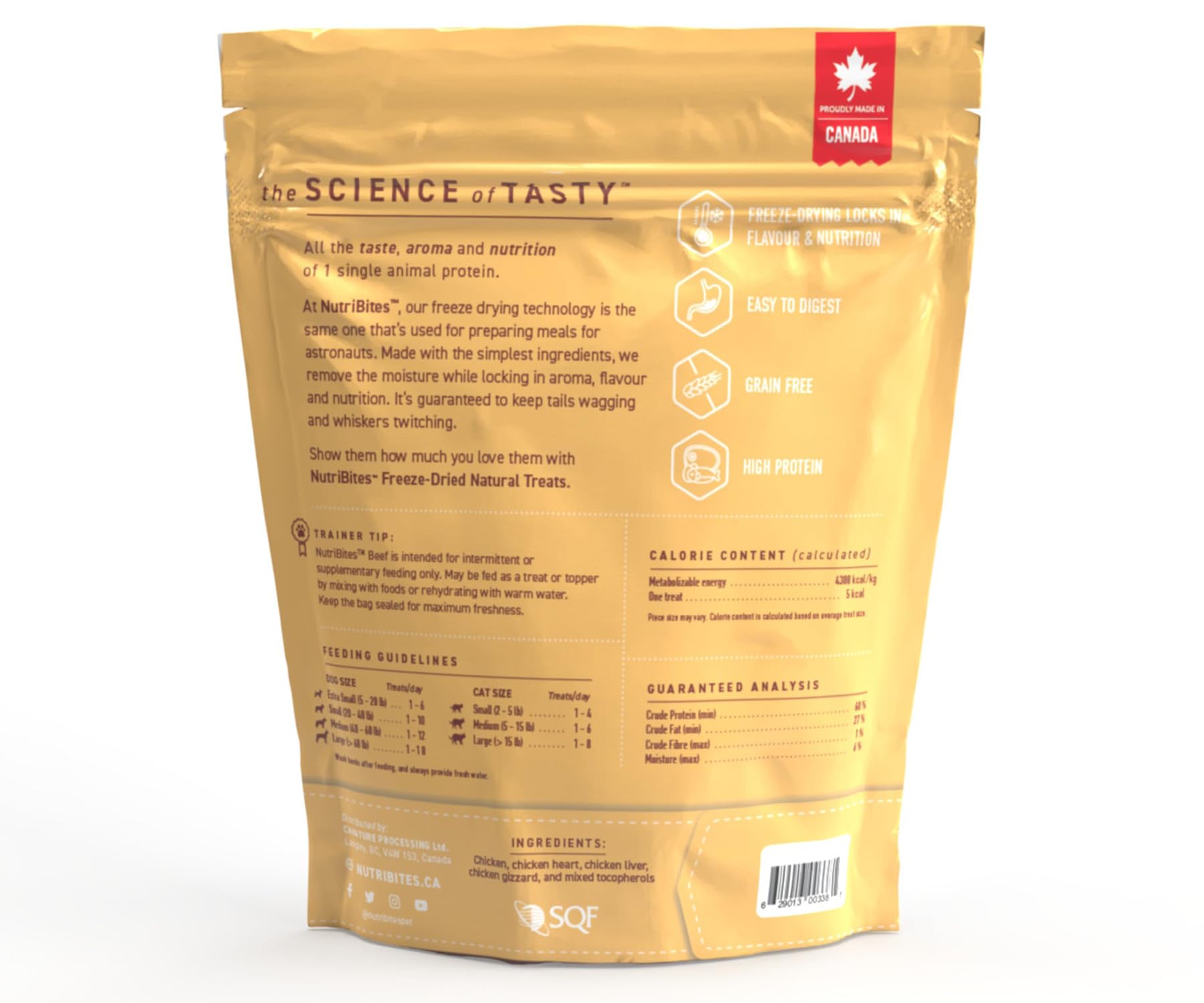 Nutri Bites freeze-dried chicken treat coat and skin benefits: omega fatty acids support healthy-looking coat.