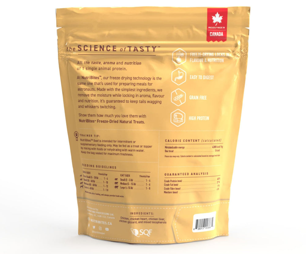 Nutri Bites freeze-dried chicken treat coat and skin benefits: omega fatty acids support healthy-looking coat.