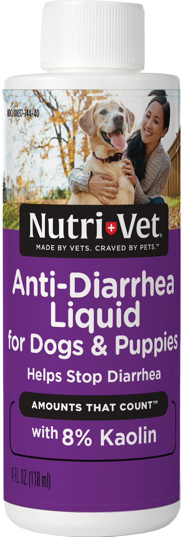 Nutri-Vet Anti-Diarrhea Liquid bottle pouring for quick digestive support in dogs.