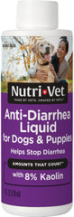 Nutri-Vet Anti-Diarrhea Liquid bottle pouring for quick digestive support in dogs.