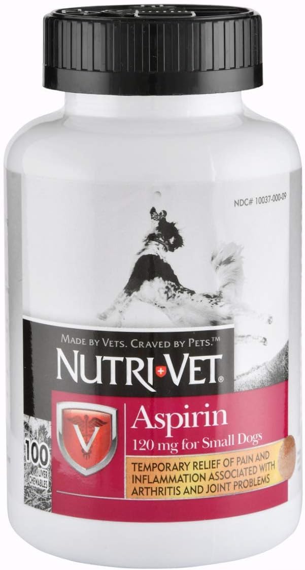 Nutri-Vet Aspirin for Dogs bottle label close-up highlights liver flavor and stomach-friendly formulation.