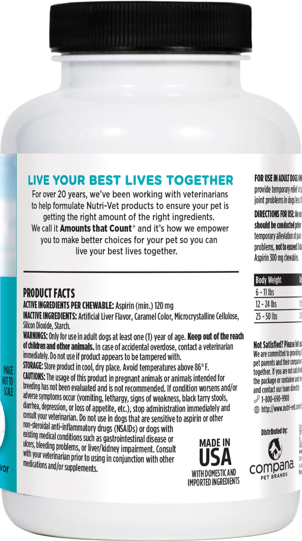 Nutri-Vet Aspirin for Dogs dosing-time image highlights easy daily use.