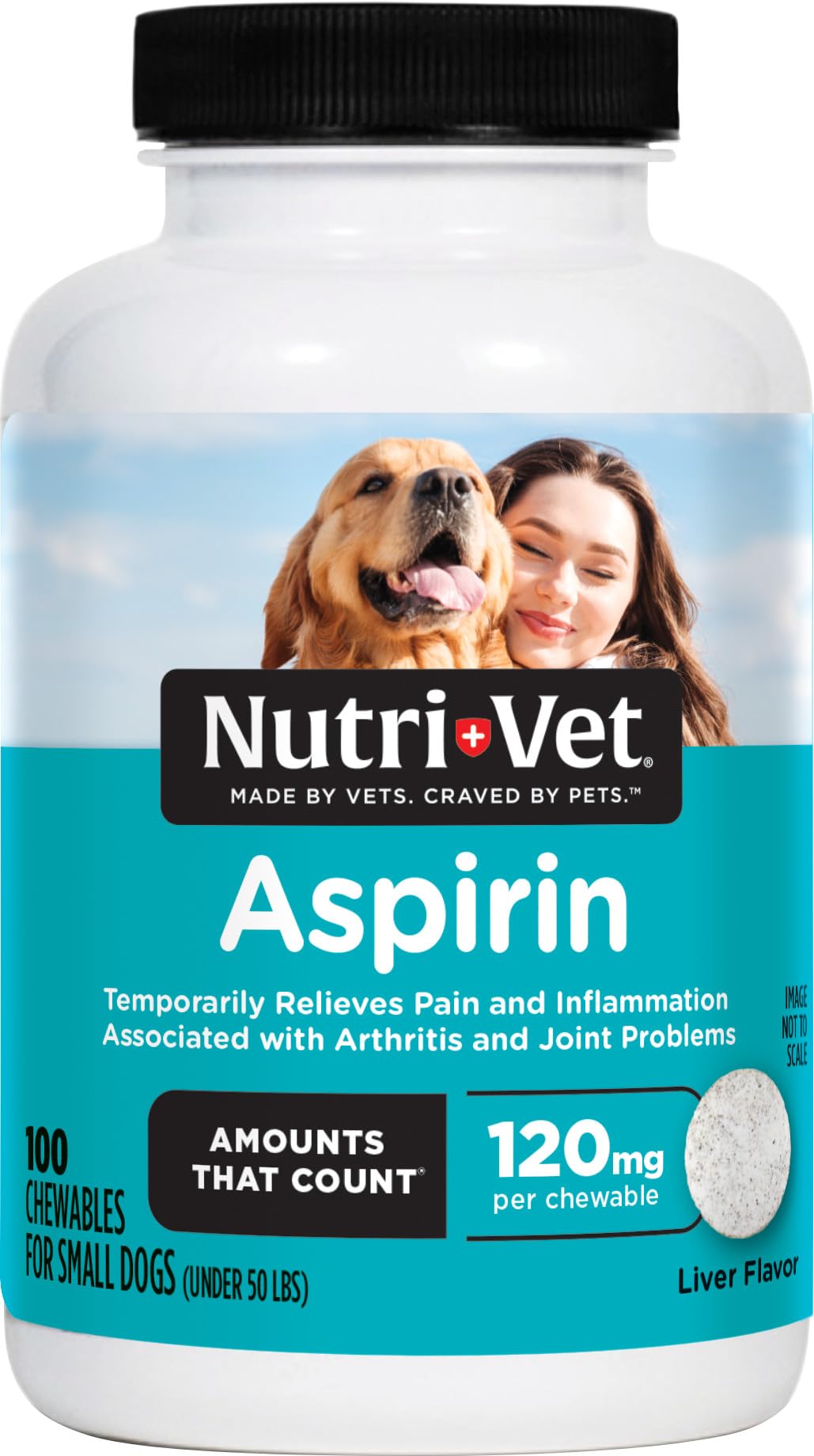 Nutri-Vet Aspirin for Dogs packaging shows a 100-count bottle for small breeds and convenience.