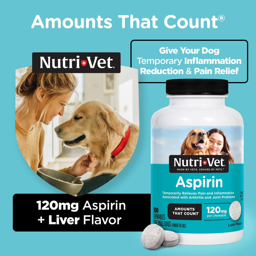 Nutri-Vet Aspirin tablets closeup highlighting liver flavor and palatability.