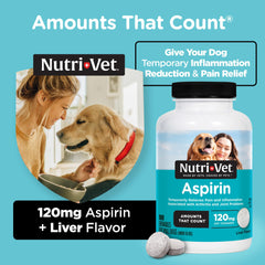 Nutri-Vet Aspirin tablets closeup highlighting liver flavor and palatability.