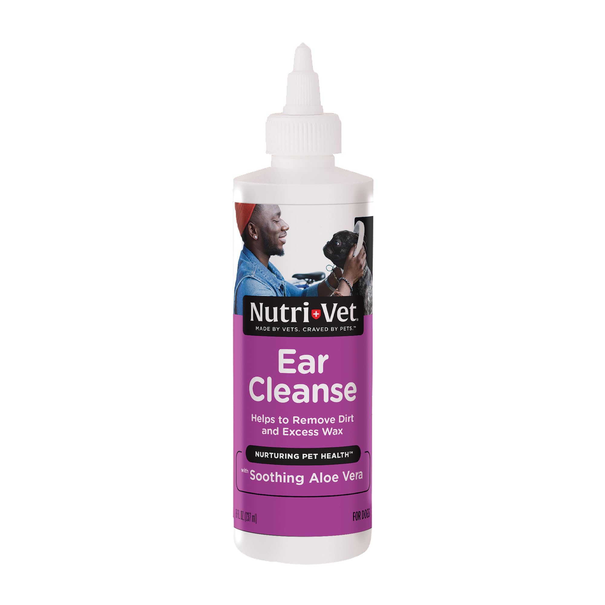 Nutri-Vet Ear Cleanse bottle pour demonstrates easy application for comfortable ear cleaning