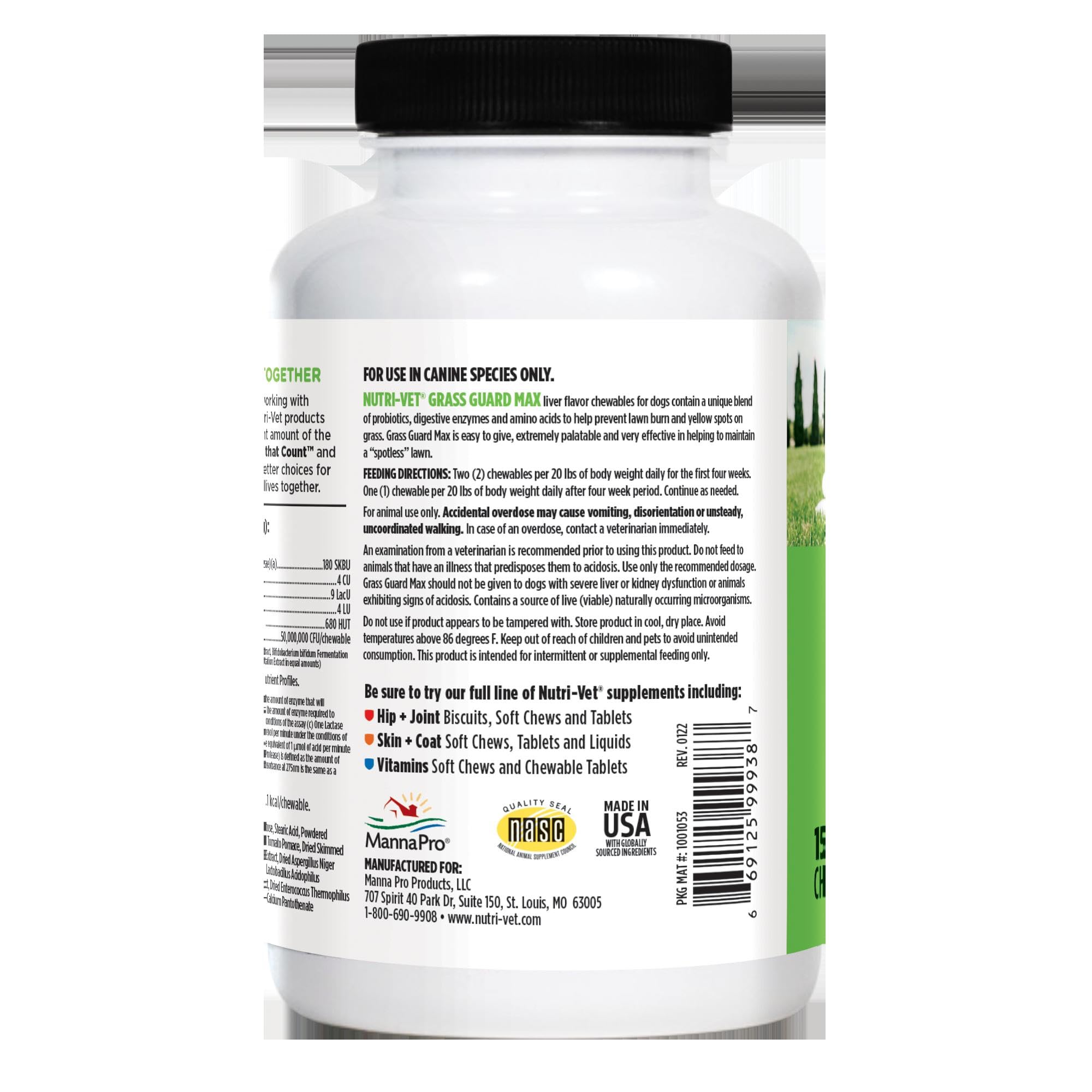 Nutri-Vet Grass Guard dog urine neutralizer improves lawn appearance.