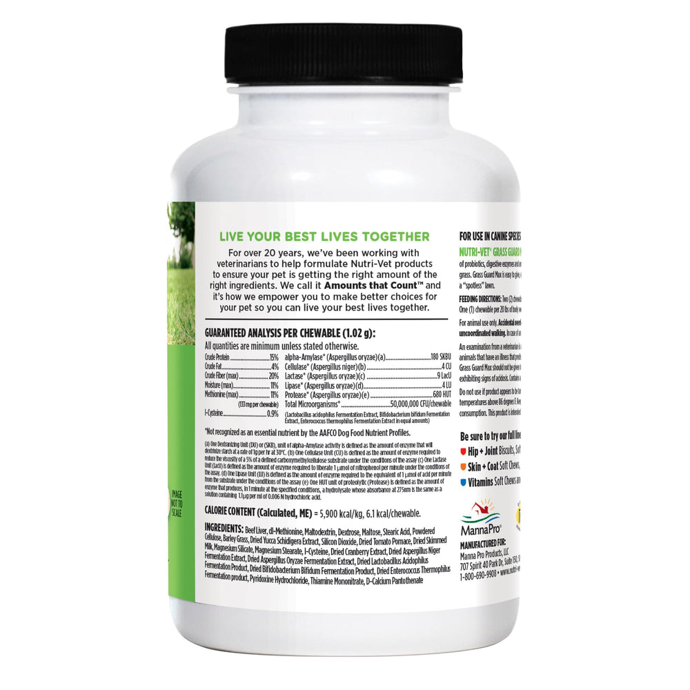 Nutri-Vet Grass Guard packaging displays USA-made vitamins.