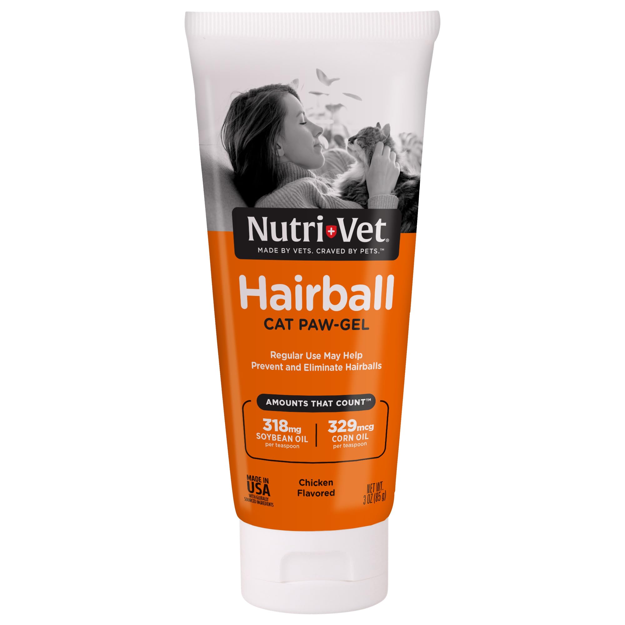 Nutri-Vet Hairball Paw Gel bottle pour shows easy administration and digestion support.