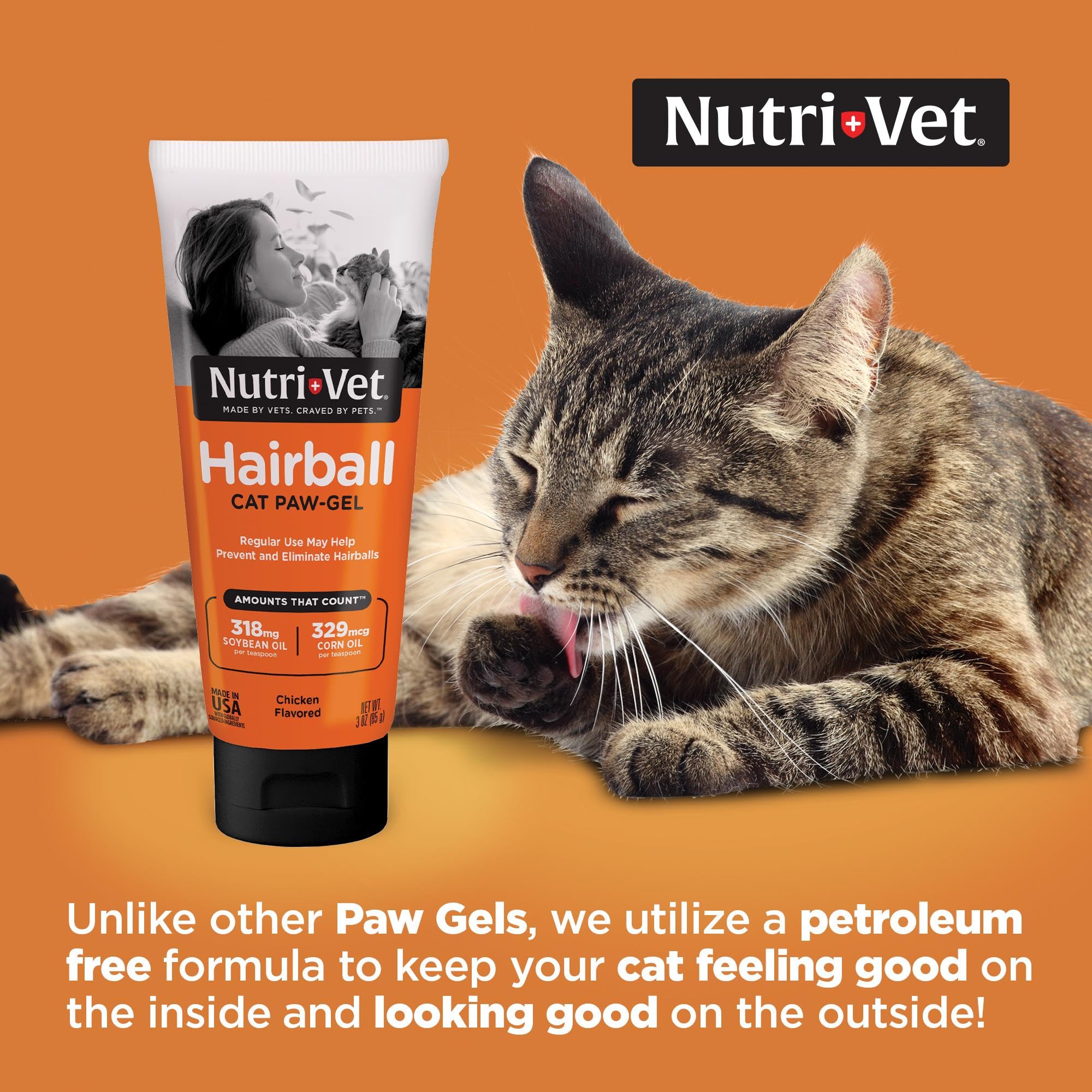 Nutri-Vet Hairball Paw Gel chicken flavor closeup highlights tasty administration for cats.