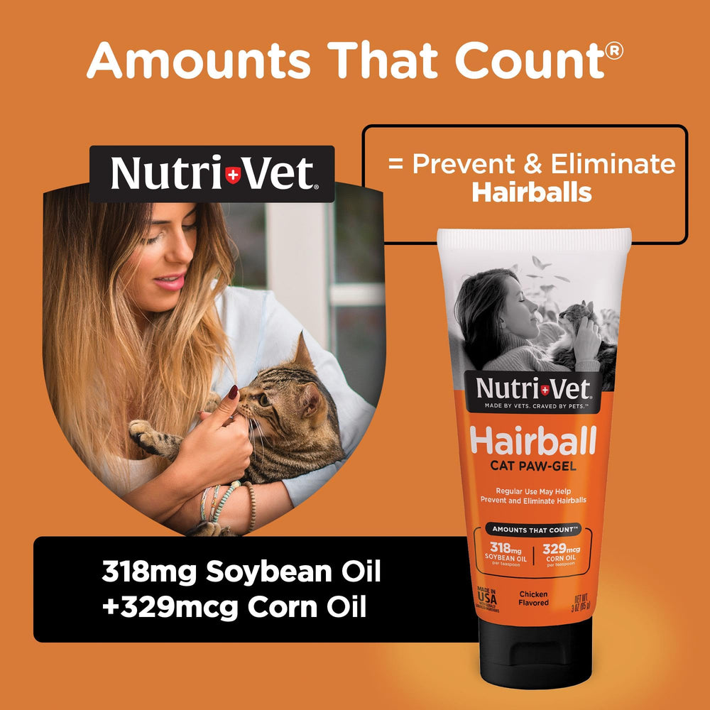 Nutri-Vet Hairball Paw Gel paw-application aids grooming and hairball prevention.