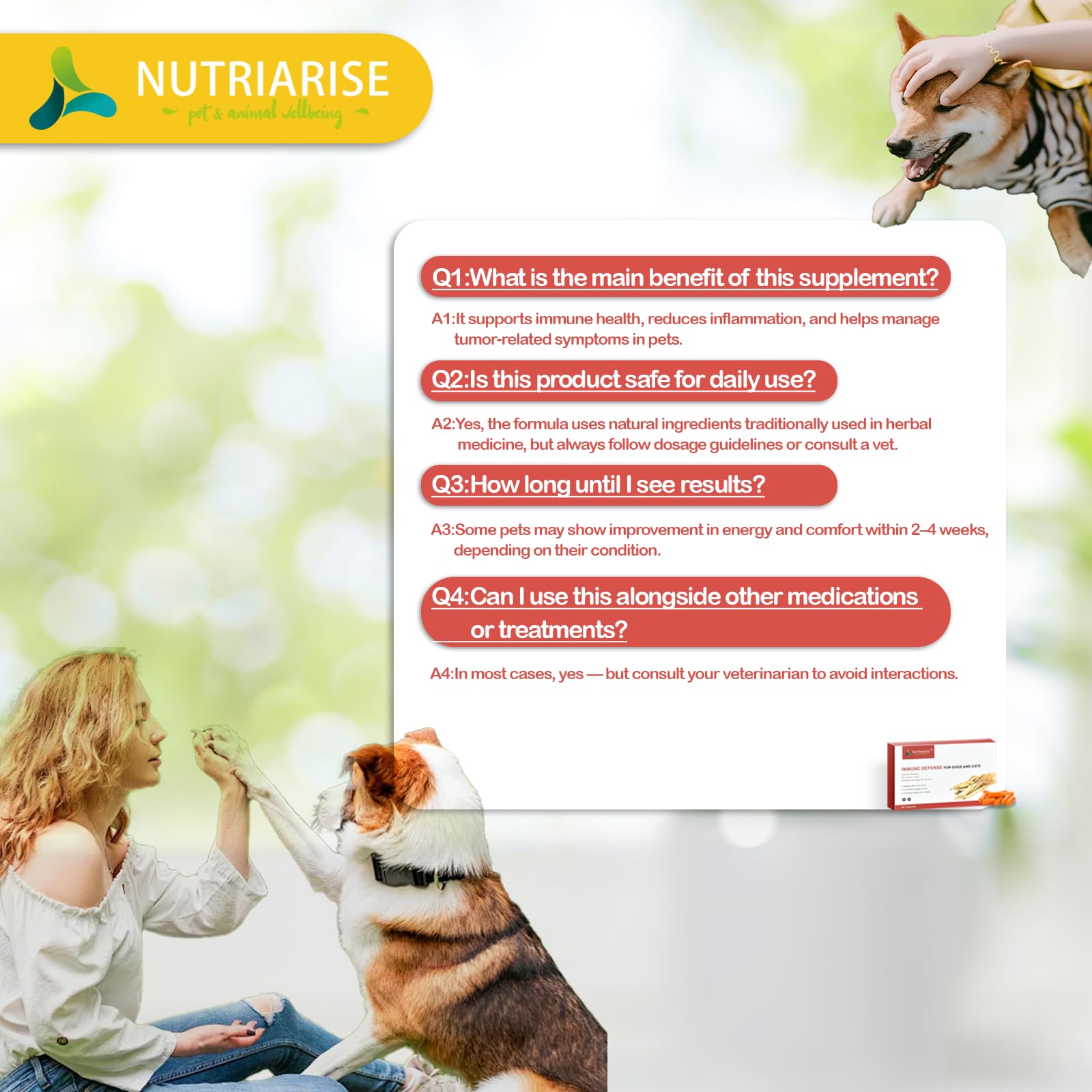 NUTRIARISE immune defense in use helping active pets stay comfortable.