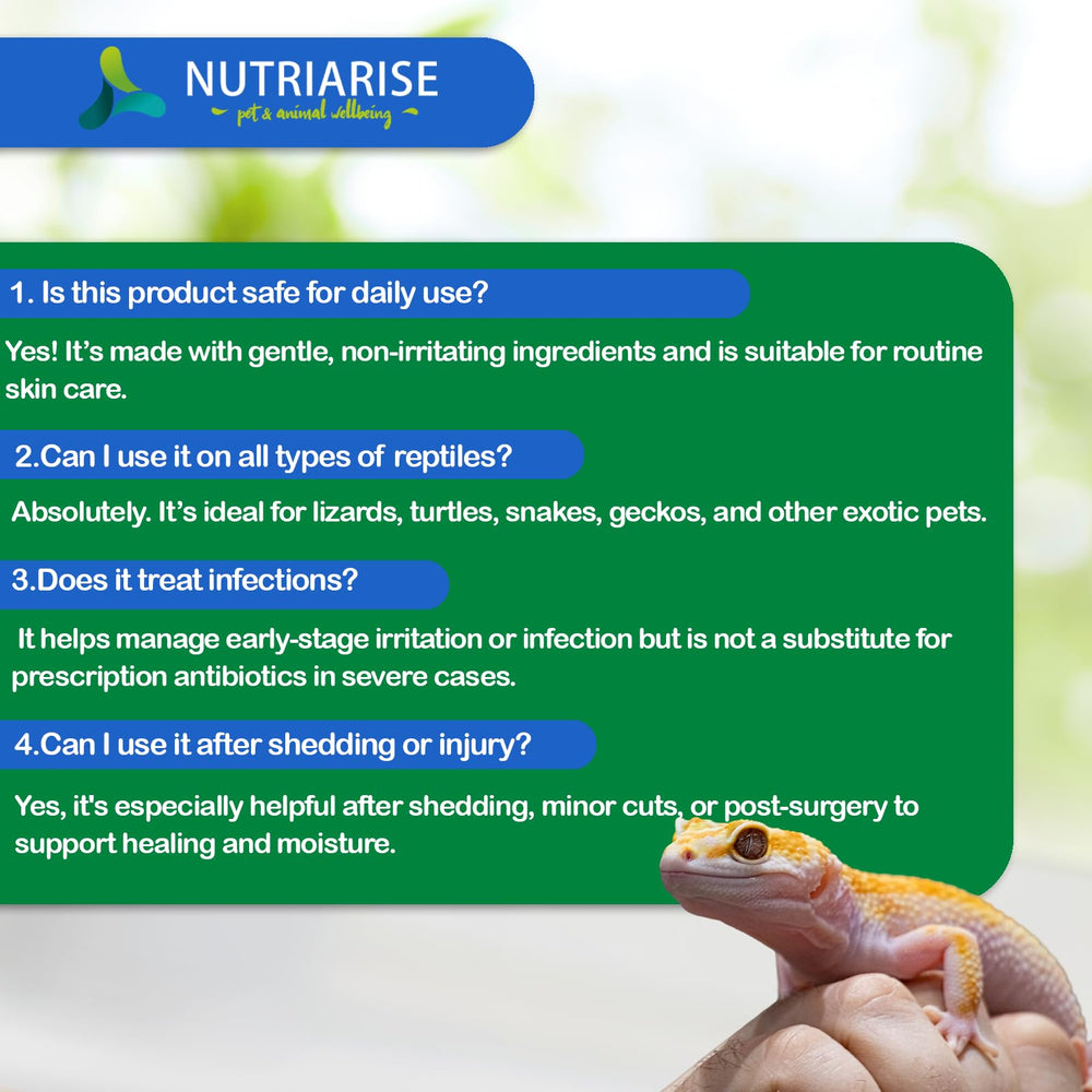 Nutriarise reptile skin care drying no rinse illustrates quick-dry, rinse-free application.