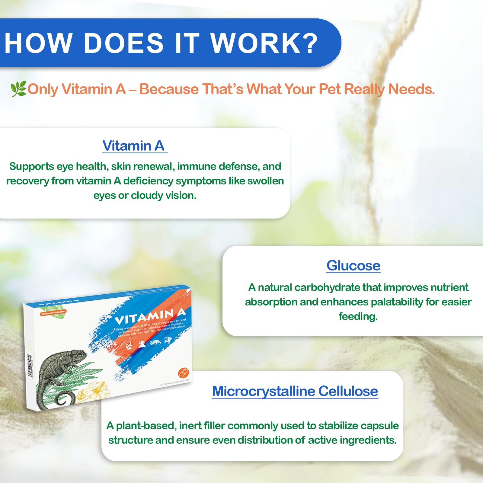 NUTRIARISE reptile vitamin-a powder dispensing demonstrates easy food mixing for picky eaters.