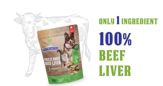 NutriBites freeze-dried beef liver treat pour bowl shows convenient servings for dogs and cats