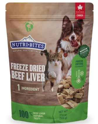 Nutribites freeze-dried beef liver treats bag close-up; protein-packed snack for dogs and cats.