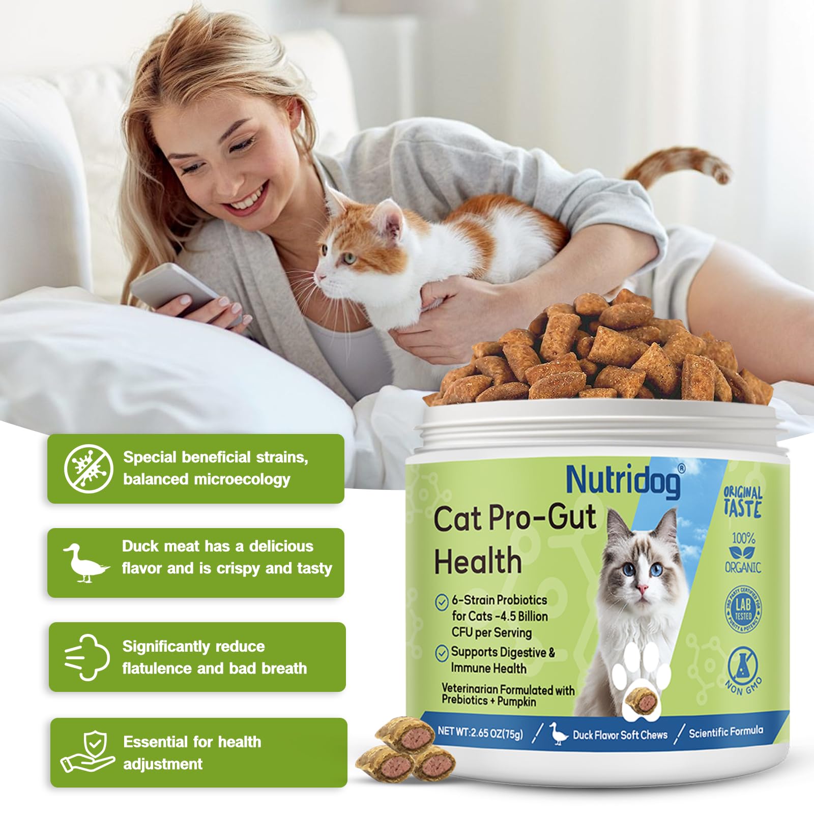 Nutridog Cat Probiotic duck flavor bites entice cats with sensitive stomachs